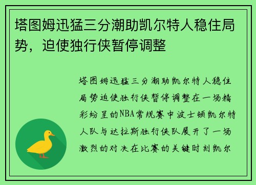 塔图姆迅猛三分潮助凯尔特人稳住局势，迫使独行侠暂停调整